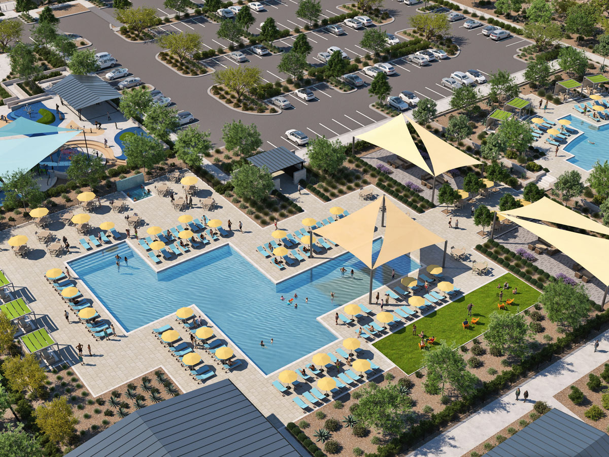 Rendering of 20+ Acre amenity complex at phase 1 Floreo Village at Teravalis with 16 pickle ball courts 1 pickleball stadium, 2 pools, a splash pad, dog park and 22,000 Sq. Ft. amenity building with fitness center, lounges, and event areas in Buckeye AZ New Homes for sale and new construction in buckeye AZ. 