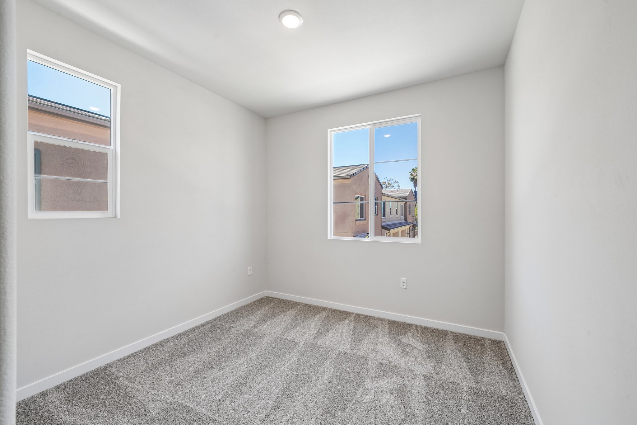A room with a carpet and windows.