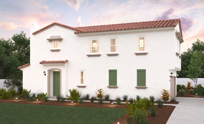 A white house with green trim with Adamson House in the background.