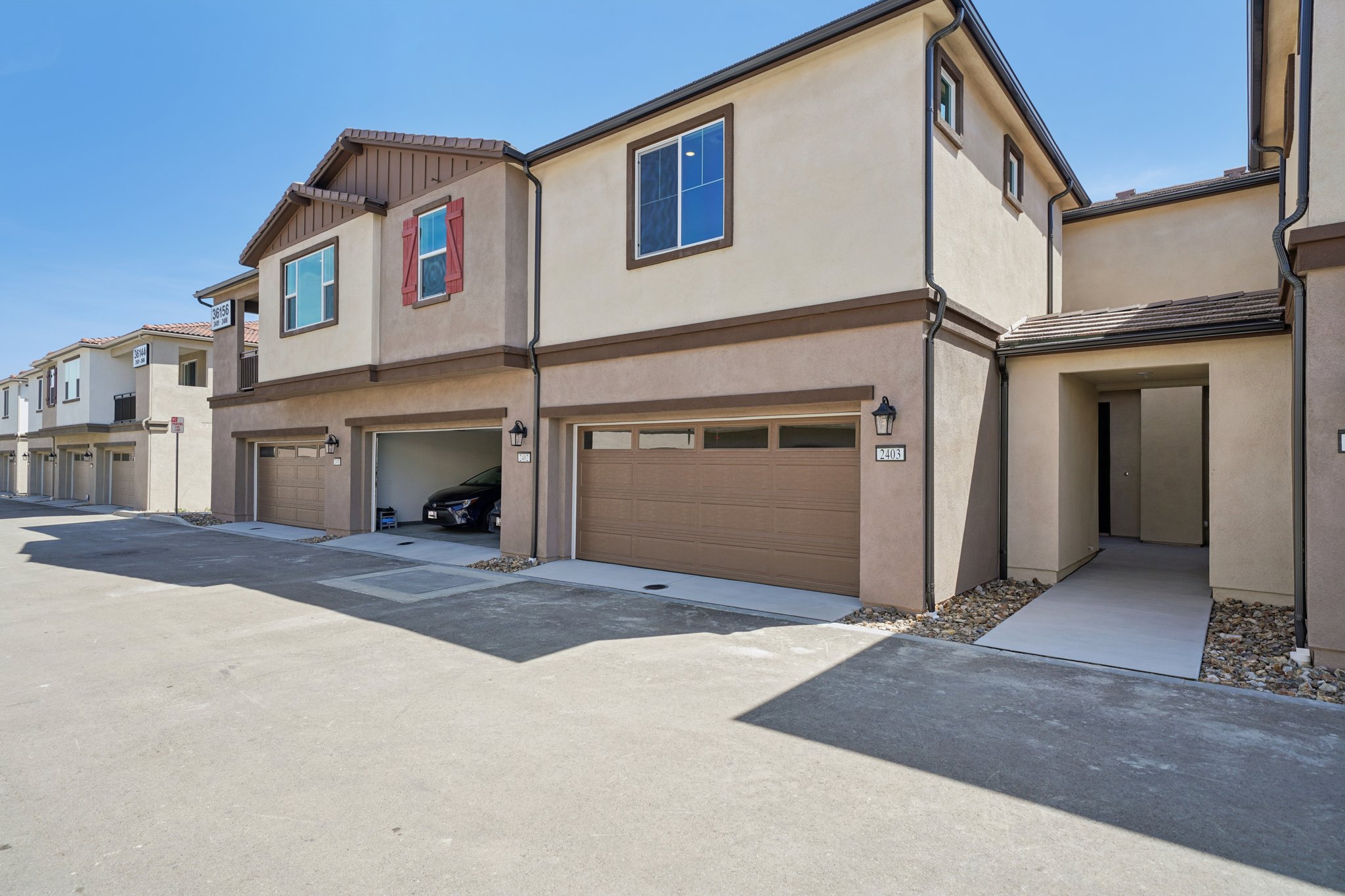A building with a garage.