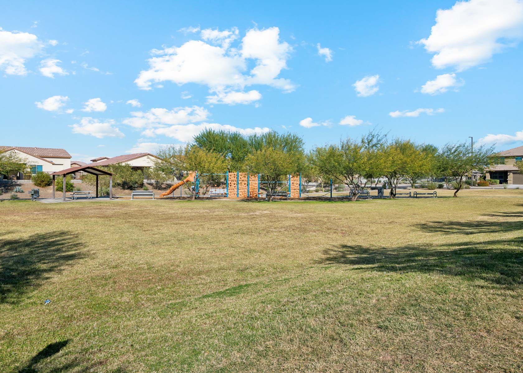 A grassy area with trees and buildings in the background.