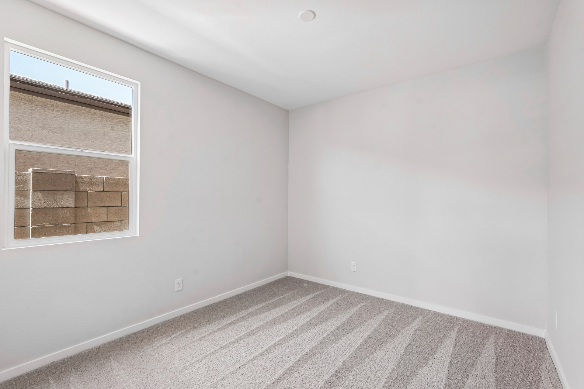 A room with a window and a rug.