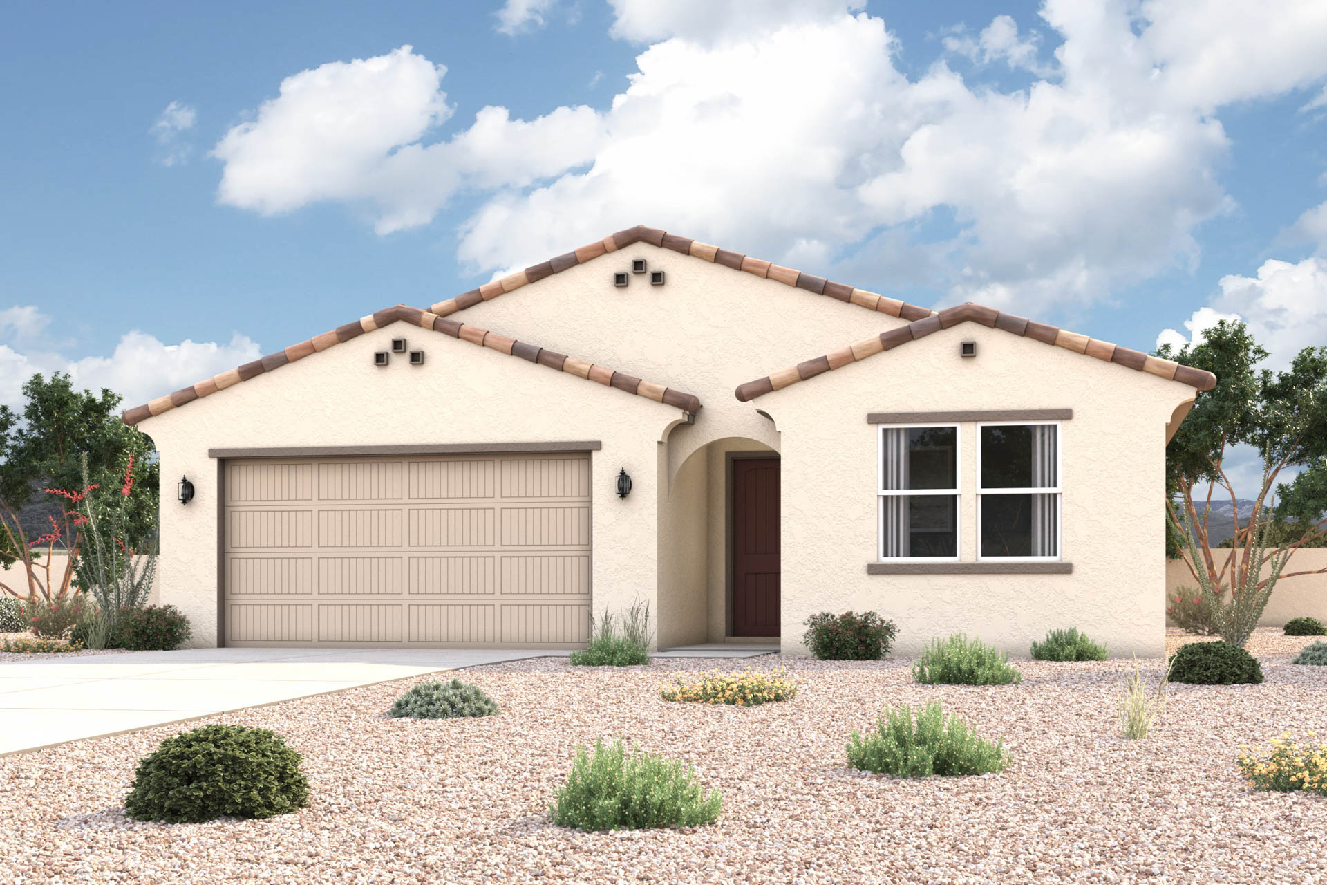 New Home Spanish exterior elevation rendering of single-story 4-bedroom 2 bathroom floor plan with an additional Study + Loft in Florence AZ Near Queen Creek USDA Loan VA Loan Eligible Near Hunt Highway with community Pool, Gym and more!