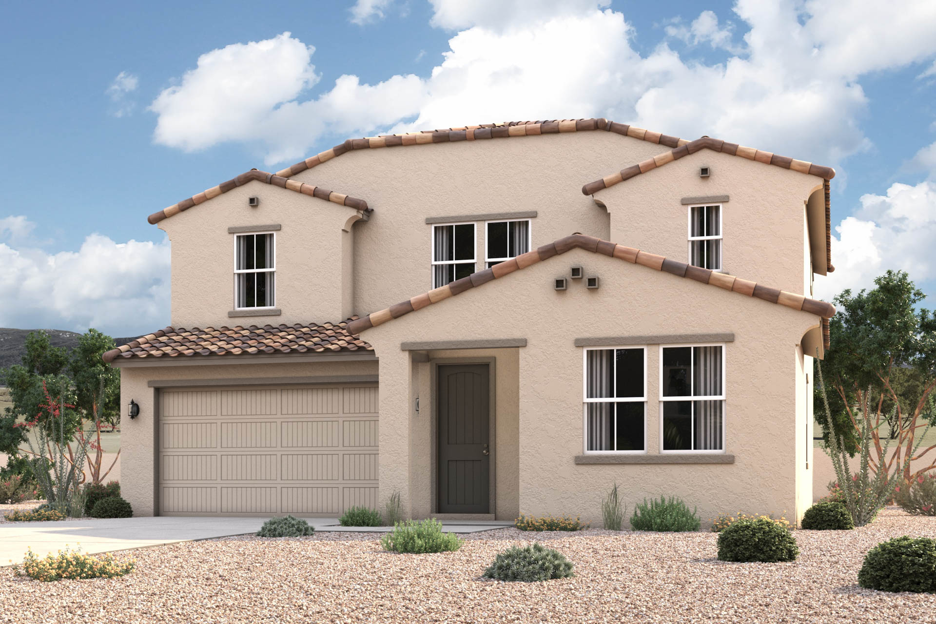 New Home Spanish exterior elevation rendering of 2 story 4-bedroom floor plan with an additional Study + Loft in Florence AZ Near Queen Creek USDA Loan VA Loan Eligible Near Hunt Highway with community Pool, Gym and more!