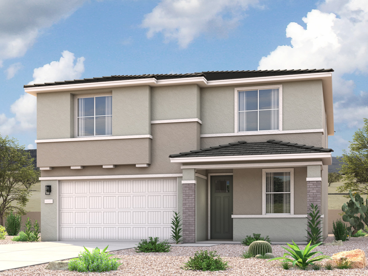 Rendering of front of new home for sale in San Tan, AZ with 2 car garage in the beautiful Skyline Village community with pool.