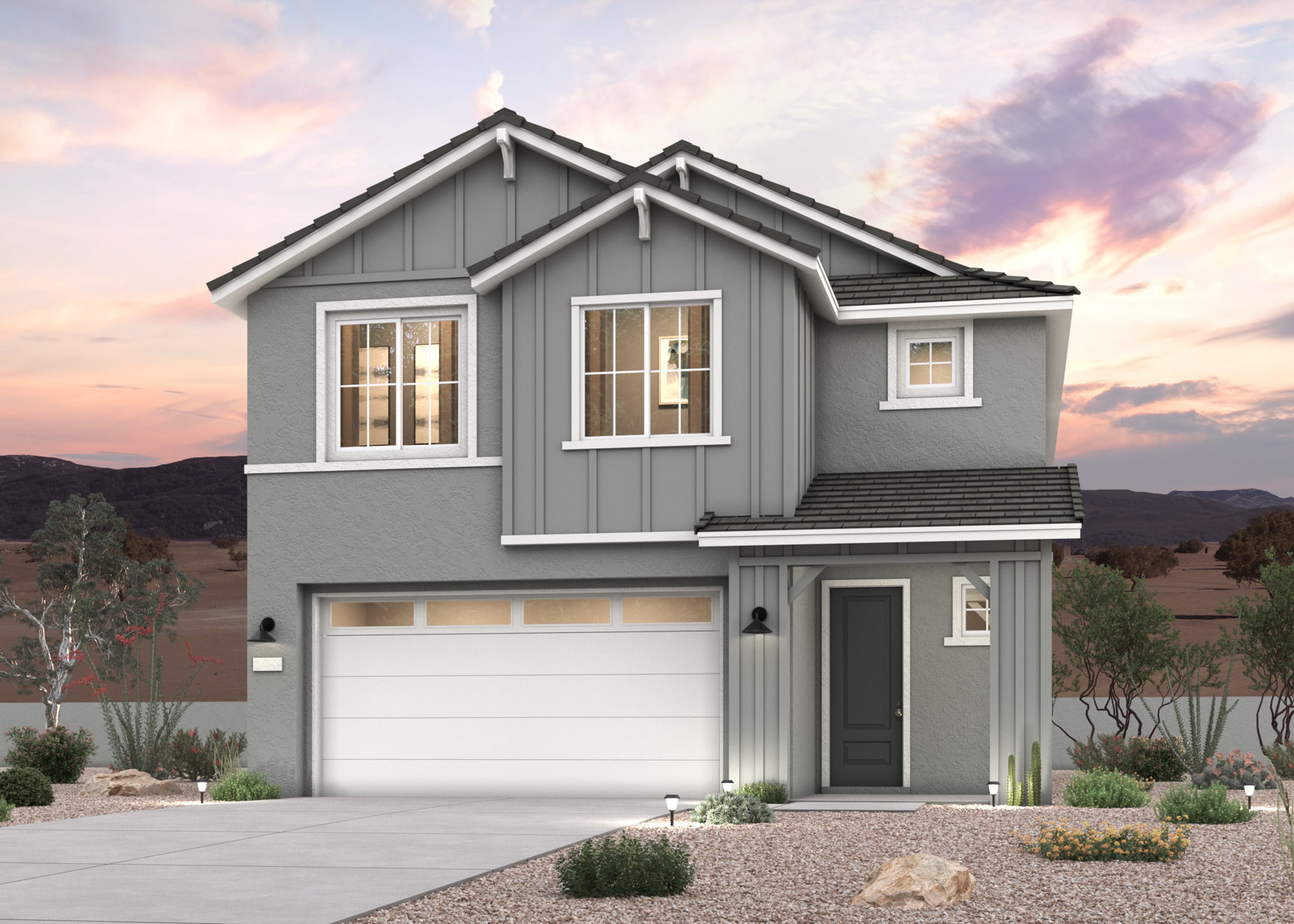 A twilight rendering of a 2-story new home in Buckeye, AZ at Manzanita at Teravalis by Century Communities.