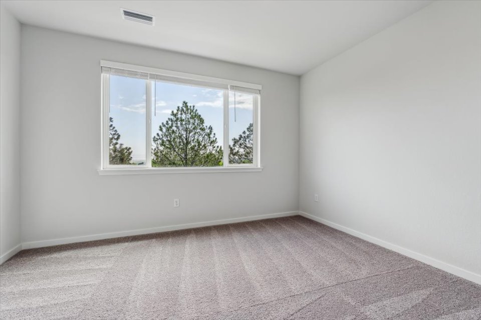A room with a window and a rug.