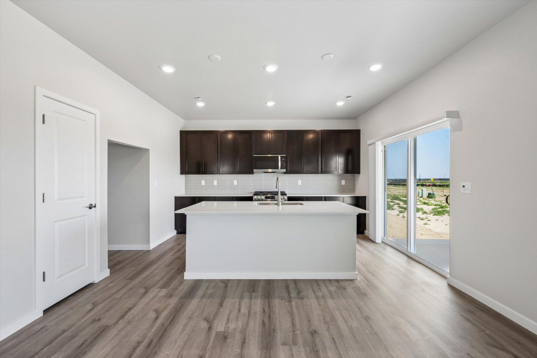 A kitchen with a large island.