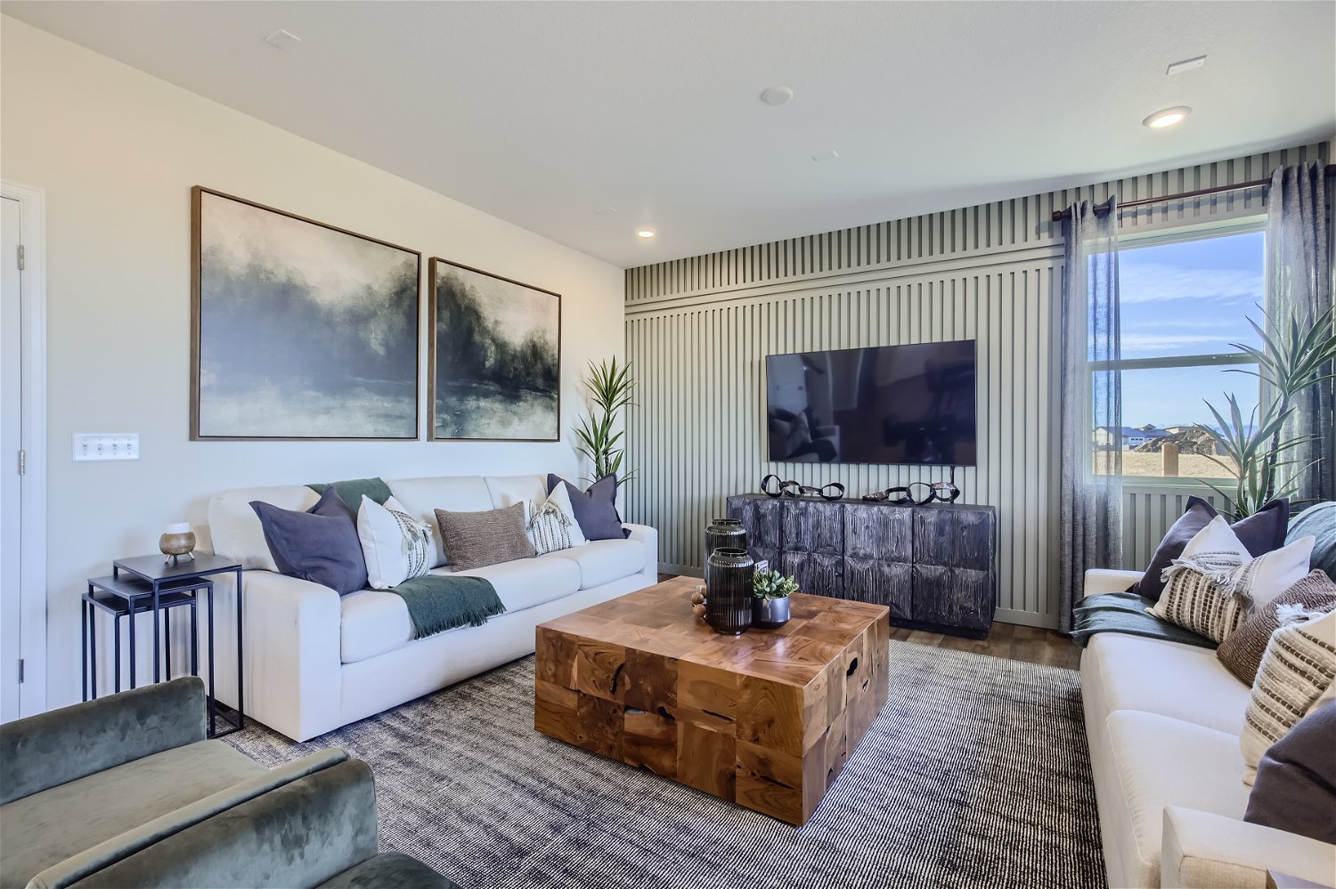 A living room with a fireplace.