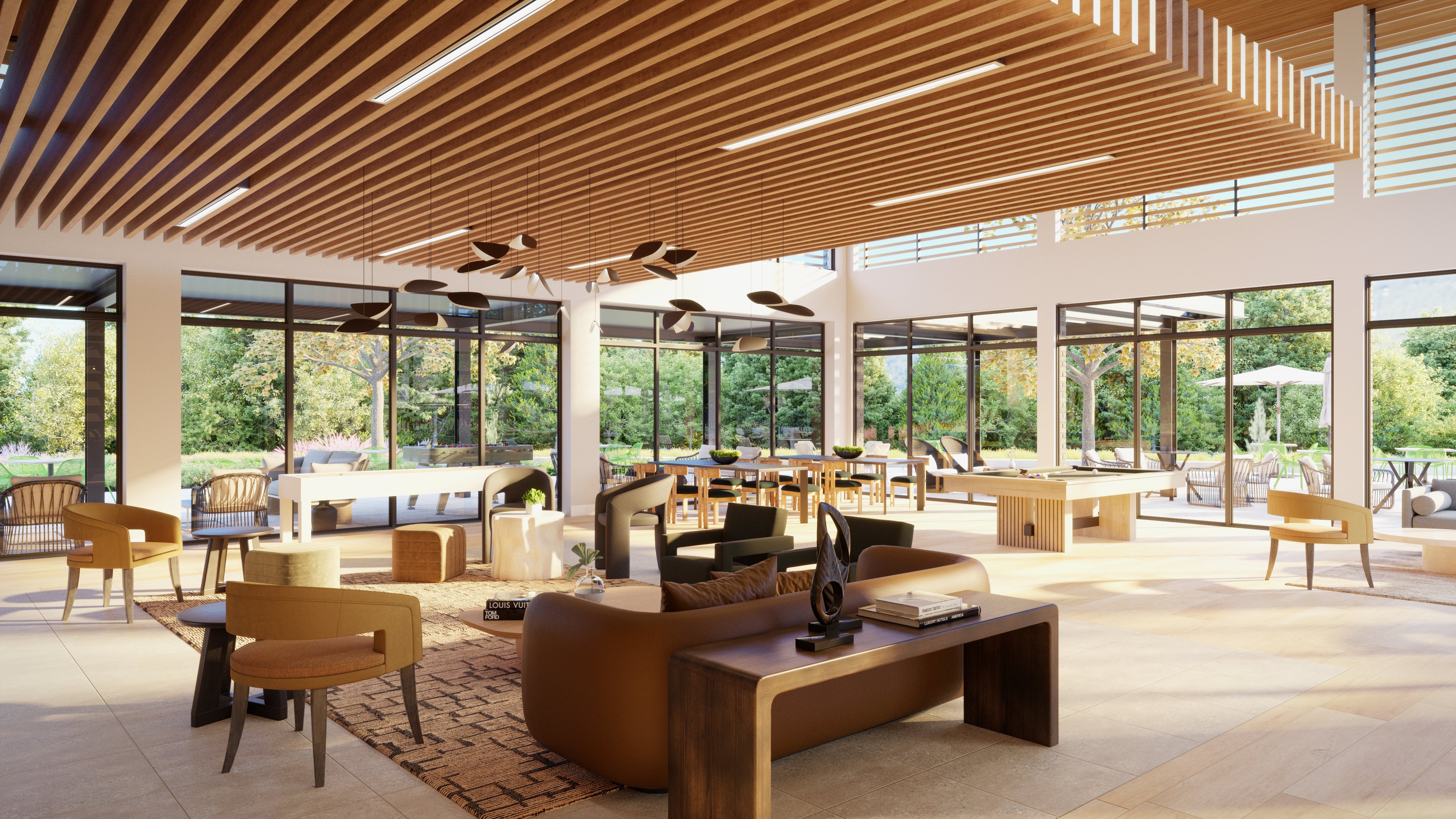 A room with a large glass ceiling and a large wood floor with tables and chairs and a large.