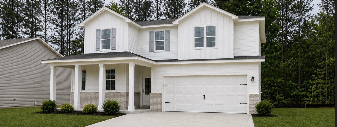 A white house with a garage.
