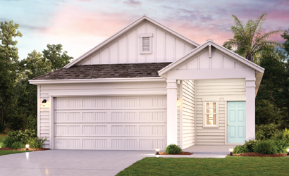 A white house with a garage.