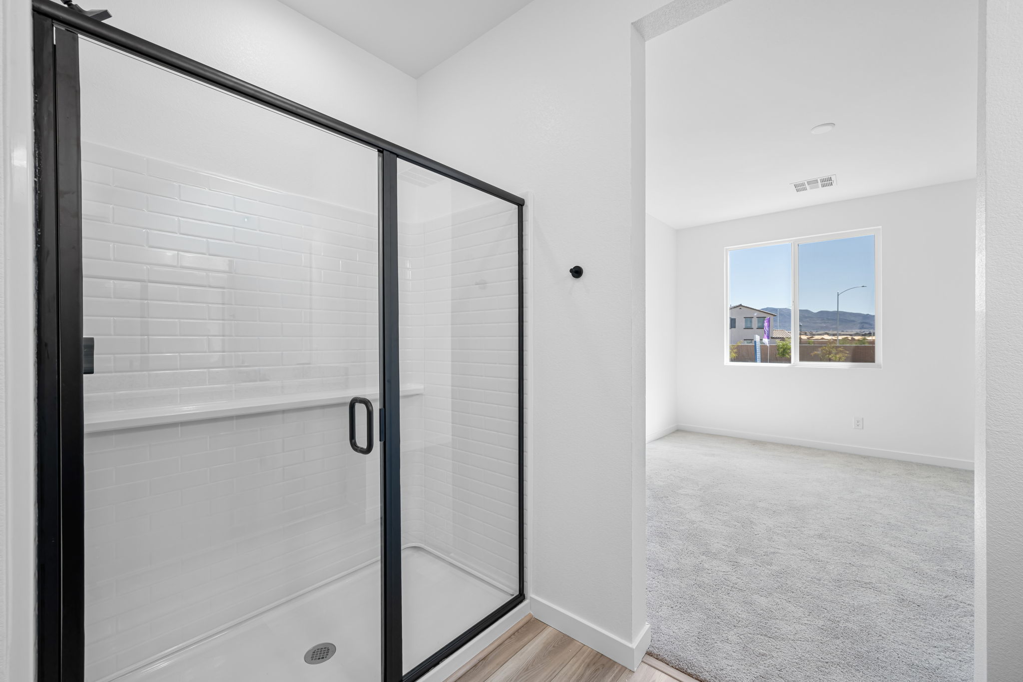 A room with a glass door.