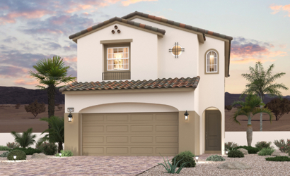 A house with a garage and palm trees.
