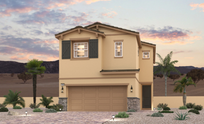 A house with a garage and palm trees.