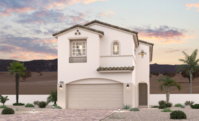 A white building with a garage and palm trees.