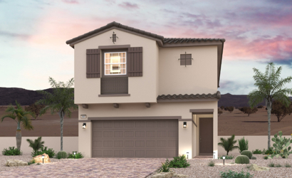 A house with a garage and palm trees.