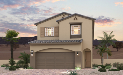 A house with a garage and palm trees.