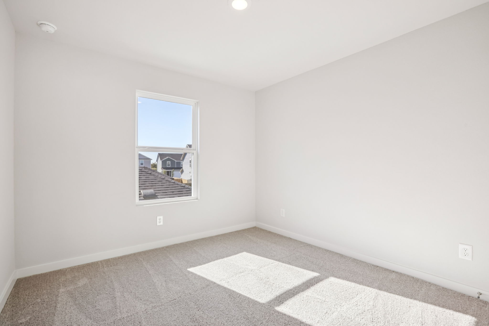 A room with a window and a rug.
