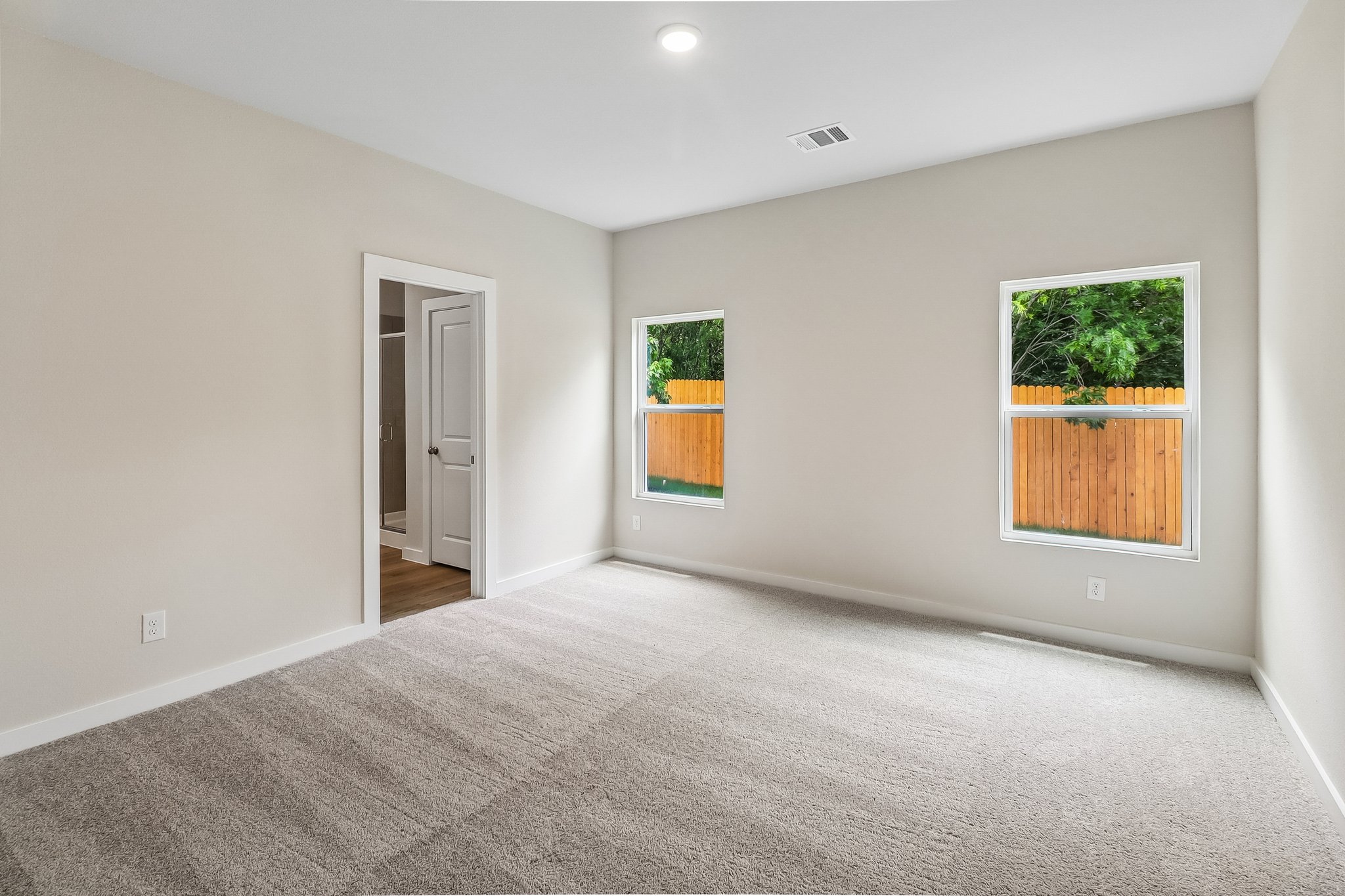 A room with a carpet and windows.