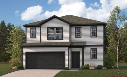A grey house with a garage.