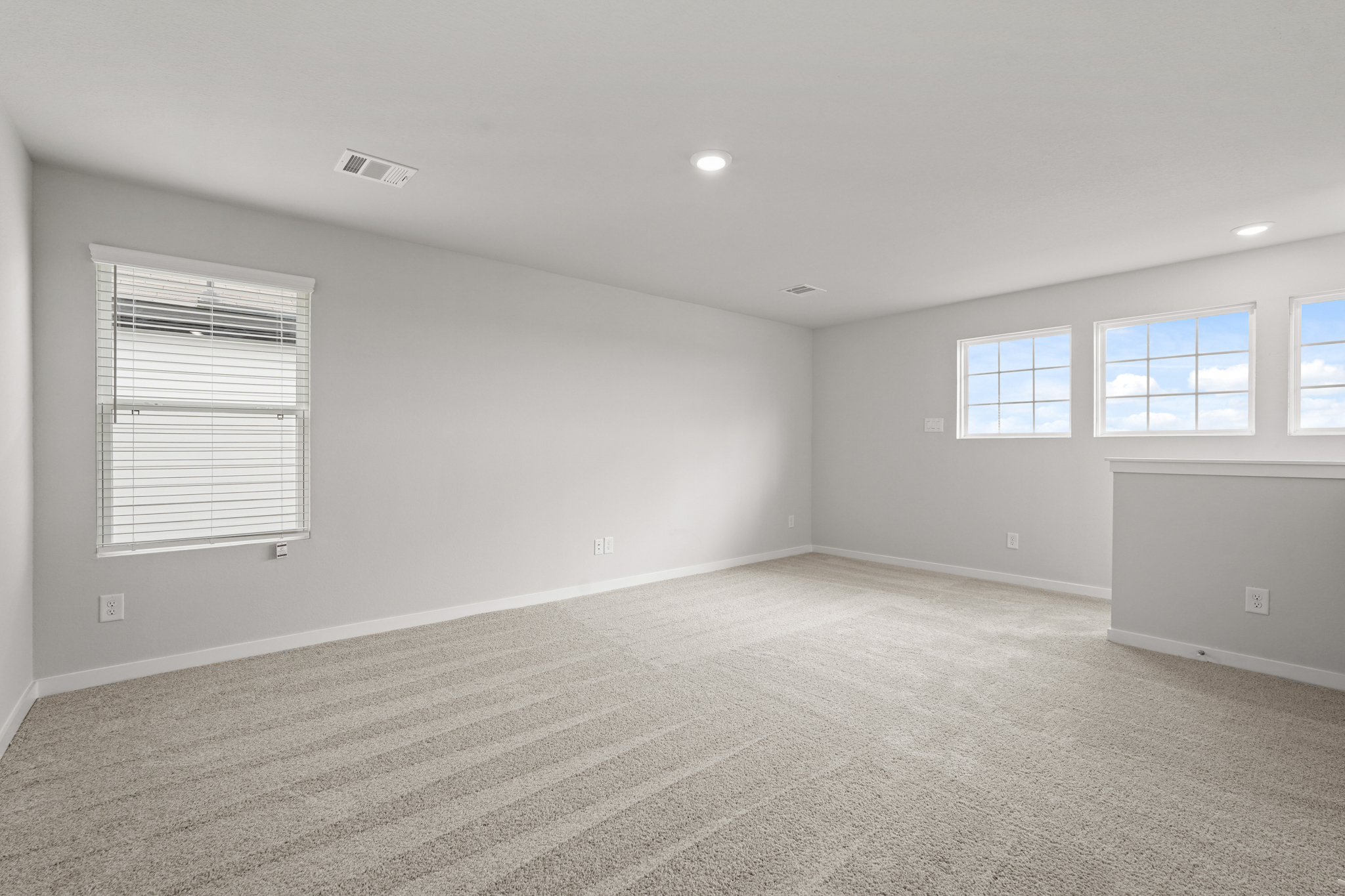 A room with a carpet and windows.