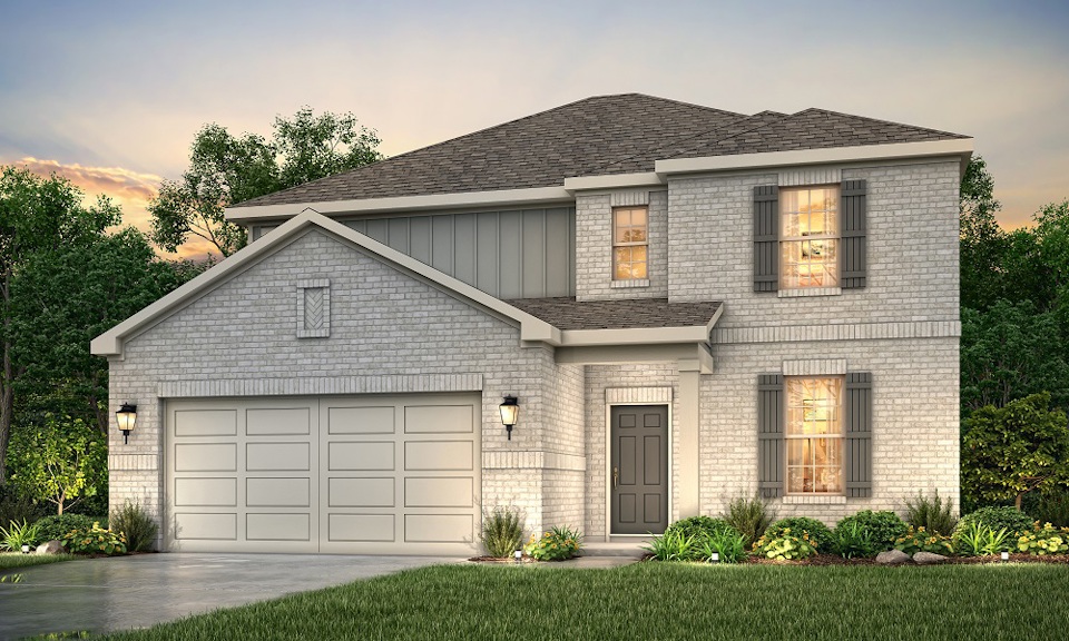 A grey house with a garage.
