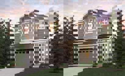 A house with a garage and trees.