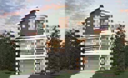 A house with trees around it.