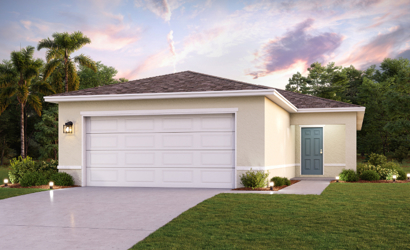 A house with a garage and trees.