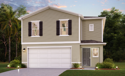 A white house with a garage.