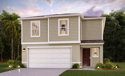 A white house with a garage.